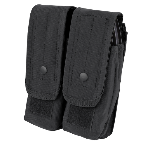 The Condor Double AK/AR Mag Pouch is a black dual-compartment magazine pouch featuring snap-button closures and Velcro straps, made from durable fabric.