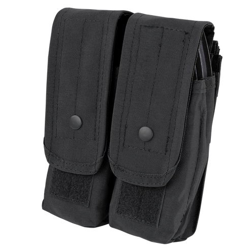 The Condor Double AK/AR Mag Pouch is a black dual-compartment magazine pouch featuring snap-button closures and Velcro straps, made from durable fabric.