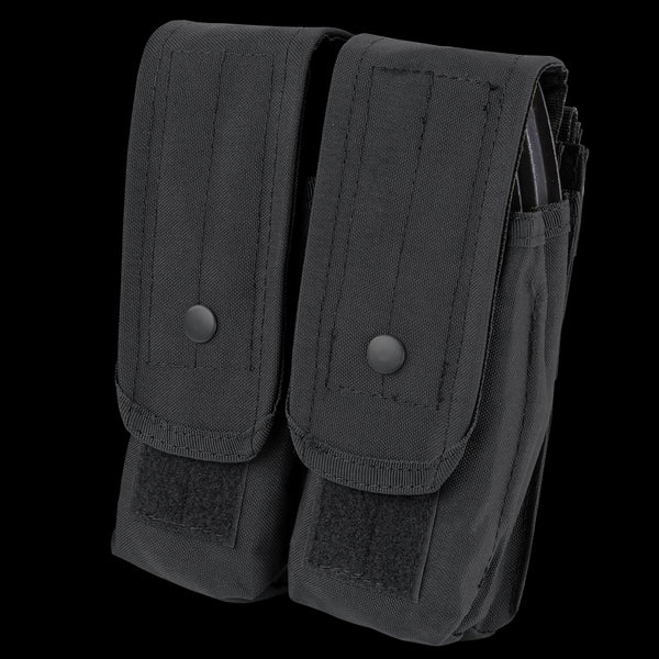 The Condor Double AK/AR Mag Pouch is a black dual-compartment magazine pouch featuring snap-button closures and Velcro straps, made from durable fabric.