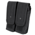 The Condor Double AK/AR Mag Pouch is a black dual-compartment magazine pouch featuring snap-button closures and Velcro straps, made from durable fabric.