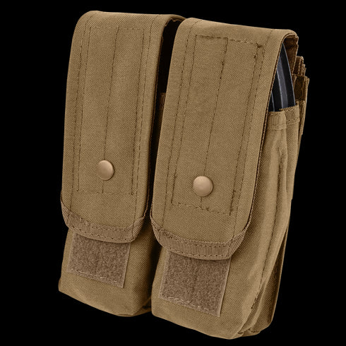 The Condor Double AK/AR Mag Pouch in tan features flap covers with snap buttons and Velcro closures at the bottom of each flap.