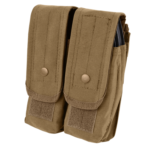 The Condor Double AK/AR Mag Pouch in tan features flap covers with snap buttons and Velcro closures at the bottom of each flap.