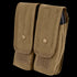 The Condor Double AK/AR Mag Pouch in tan features flap covers with snap buttons and Velcro closures at the bottom of each flap.