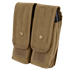 The Condor Double AK/AR Mag Pouch in tan features flap covers with snap buttons and Velcro closures at the bottom of each flap.
