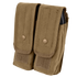 The Condor Double AK/AR Mag Pouch in tan features flap covers with snap buttons and Velcro closures at the bottom of each flap.