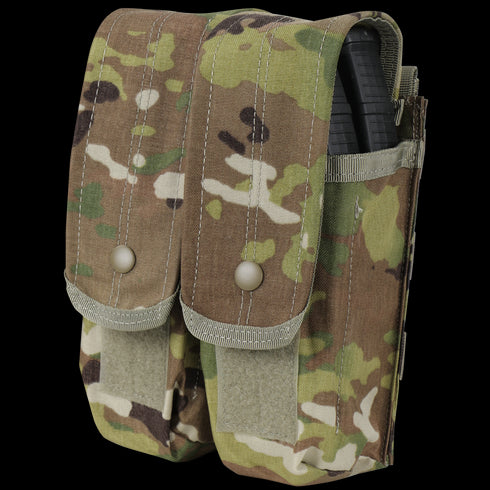 A Condor Double AK/AR Mag Pouch in Scorpion OCP holds two magazines and features a camouflage design.