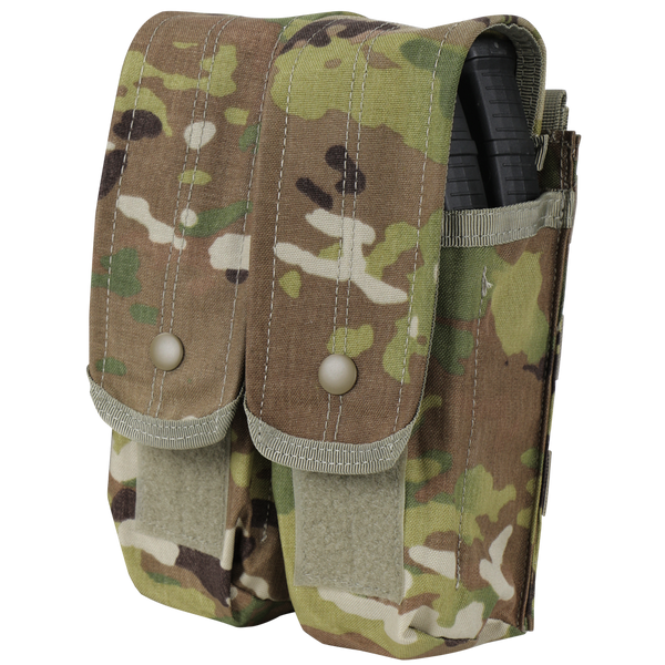 A Condor Double AK/AR Mag Pouch in Scorpion OCP holds two magazines and features a camouflage design.