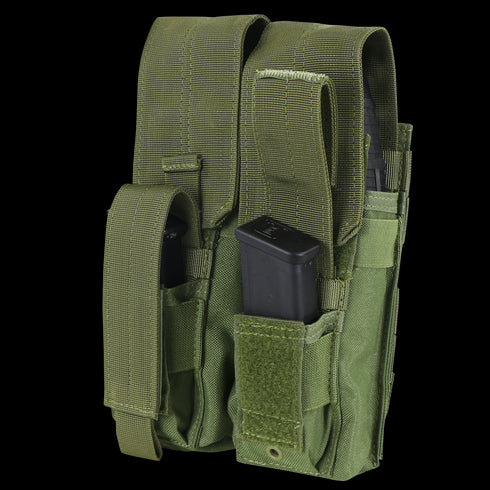 Three Condor Double AK Kangaroo Mag Pouches in Scorpion OCP, ideal for bushcraft or EDC; two hold black rectangular magazines, and all are attached together with Velcro closures.