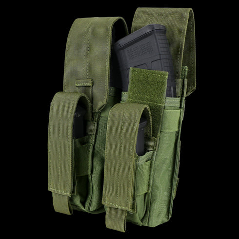Two Condor Double AK Kangaroo Mag Pouches in Scorpion OCP, ideal for EDC or range use, with one black rifle magazine partially inserted in the right pouch.
