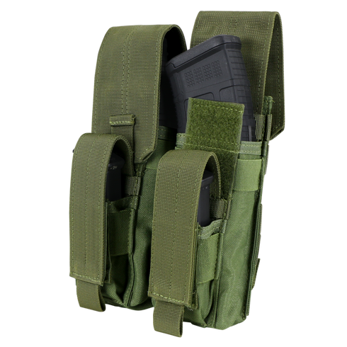 Two Condor Double AK Kangaroo Mag Pouches in Scorpion OCP, ideal for EDC or range use, with one black rifle magazine partially inserted in the right pouch.