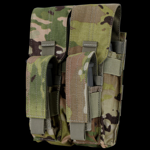 The Condor Double AK Kangaroo Mag Pouch in Scorpion OCP features two compartments, each secured by a flap and hook-and-loop straps, with a camouflage-patterned design.