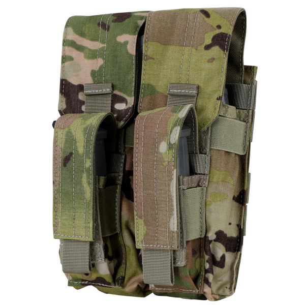 The Condor Double AK Kangaroo Mag Pouch in Scorpion OCP features two compartments, each secured by a flap and hook-and-loop straps, with a camouflage-patterned design.