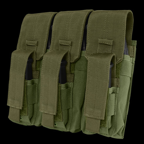 The Condor Triple AK Kangaroo Mag Pouch in olive drab features three compartments with flap closures, designed to securely hold rifle magazines.