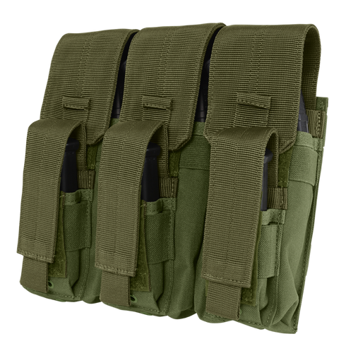 The Condor Triple AK Kangaroo Mag Pouch in olive drab features three compartments with flap closures, designed to securely hold rifle magazines.