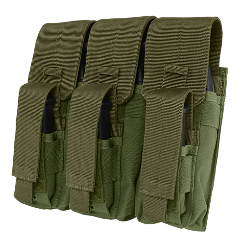 The Condor Triple AK Kangaroo Mag Pouch in olive drab features three compartments with flap closures, designed to securely hold rifle magazines.