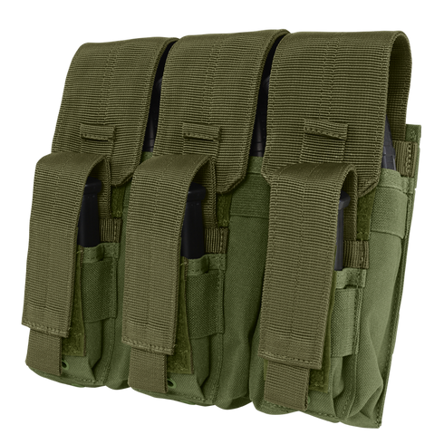The Condor Triple AK Kangaroo Mag Pouch in olive drab features three compartments with flap closures, designed to securely hold rifle magazines.