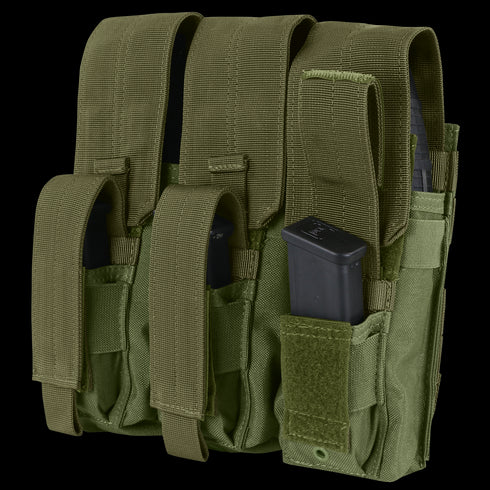 The Condor Triple AK Kangaroo Mag Pouch in olive green has three compartments, each fitting a black magazine, and features adjustable flaps and straps for secure storage.