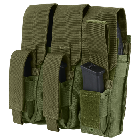 The Condor Triple AK Kangaroo Mag Pouch in olive green has three compartments, each fitting a black magazine, and features adjustable flaps and straps for secure storage.