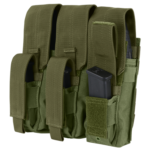 The Condor Triple AK Kangaroo Mag Pouch in olive green has three compartments, each fitting a black magazine, and features adjustable flaps and straps for secure storage.