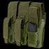 The Condor Triple AK Kangaroo Mag Pouch in olive green has three compartments, each fitting a black magazine, and features adjustable flaps and straps for secure storage.