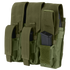 The Condor Triple AK Kangaroo Mag Pouch in olive green has three compartments, each fitting a black magazine, and features adjustable flaps and straps for secure storage.