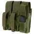 The Condor Triple AK Kangaroo Mag Pouch in olive green has three compartments, each fitting a black magazine, and features adjustable flaps and straps for secure storage.