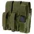 The Condor Triple AK Kangaroo Mag Pouch in olive green has three compartments, each fitting a black magazine, and features adjustable flaps and straps for secure storage.