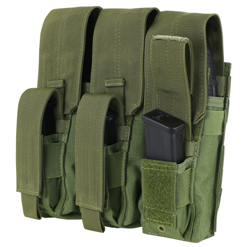 The Condor Triple AK Kangaroo Mag Pouch in Scorpion OCP securely holds three magazines with Velcro flaps—perfect for military use or as part of your EDC gear.