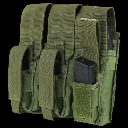 The Condor Triple AK Kangaroo Mag Pouch in Scorpion OCP securely holds three magazines with Velcro flaps—perfect for military use or as part of your EDC gear.