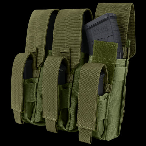 The Condor Triple AK Kangaroo Mag Pouch is an olive green tactical pouch with three compartments, each secured by Velcro straps and designed to hold black AK magazines.