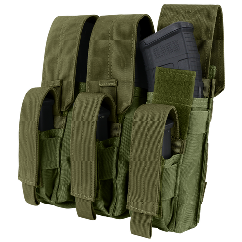 The Condor Triple AK Kangaroo Mag Pouch is an olive green tactical pouch with three compartments, each secured by Velcro straps and designed to hold black AK magazines.