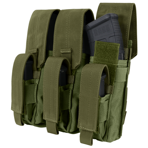 The Condor Triple AK Kangaroo Mag Pouch is an olive green tactical pouch with three compartments, each secured by Velcro straps and designed to hold black AK magazines.