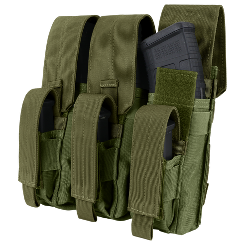 The Condor Triple AK Kangaroo Mag Pouch is an olive green tactical pouch with three compartments, each secured by Velcro straps and designed to hold black AK magazines.