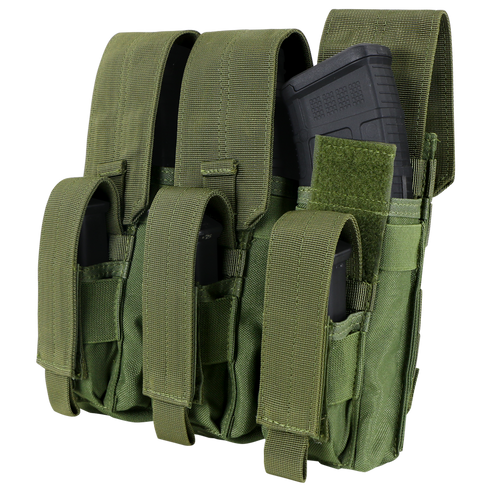The Condor Triple AK Kangaroo Mag Pouch in Scorpion OCP has three compartments for rifle magazines, each secured by Velcro and buckle flaps—ideal for military use or the shooting range.