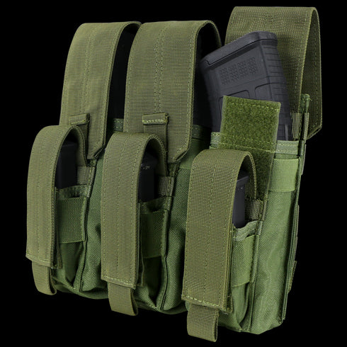 The Condor Triple AK Kangaroo Mag Pouch in Scorpion OCP has three compartments for rifle magazines, each secured by Velcro and buckle flaps—ideal for military use or the shooting range.