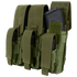 The Condor Triple AK Kangaroo Mag Pouch is an olive green tactical pouch with three compartments, each secured by Velcro straps and designed to hold black AK magazines.