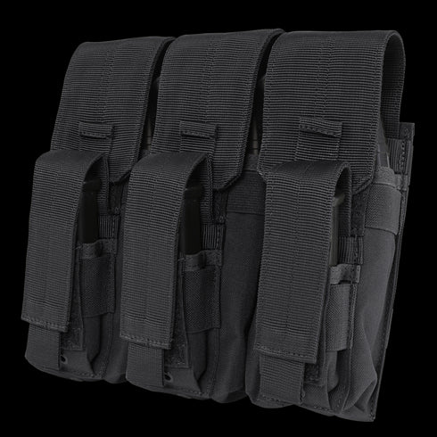 The Condor Triple AK Kangaroo Mag Pouch is a black tactical pouch with three compartments and velcro flaps, perfect for secure and efficient rifle magazine storage for law enforcement or first responders.