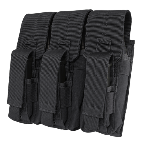The Condor Triple AK Kangaroo Mag Pouch is a black tactical pouch with three compartments and velcro flaps, perfect for secure and efficient rifle magazine storage for law enforcement or first responders.