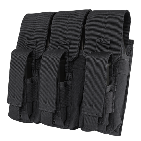 The Condor Triple AK Kangaroo Mag Pouch is a black tactical pouch with three compartments and velcro flaps, perfect for secure and efficient rifle magazine storage for law enforcement or first responders.