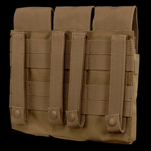 The Condor Triple AK Kangaroo Mag Pouch is a tan tactical MOLLE pouch with three vertical straps and button closures on the back, ideal for attachment to gear or vests—perfect for shooting range use or military EDC setups.
