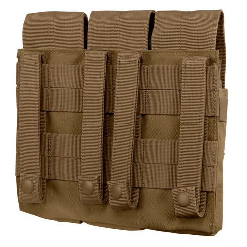 The Condor Triple AK Kangaroo Mag Pouch is a tan tactical MOLLE pouch with three vertical straps and button closures on the back, ideal for attachment to gear or vests—perfect for shooting range use or military EDC setups.