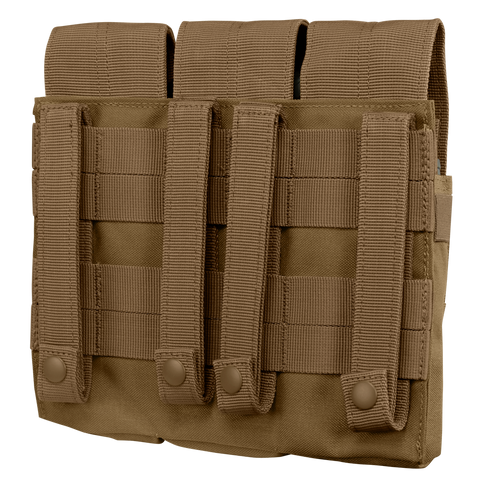 The Condor Triple AK Kangaroo Mag Pouch is a tan tactical MOLLE pouch with three vertical straps and button closures on the back, ideal for attachment to gear or vests—perfect for shooting range use or military EDC setups.