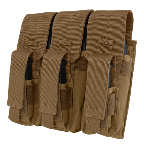 The Condor Triple AK Kangaroo Mag Pouch in tan securely holds three black magazines, each compartment featuring a flap and Velcro closure—ideal for law enforcement or EDC.
