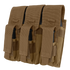 The Condor Triple AK Kangaroo Mag Pouch in tan securely holds three black magazines, each compartment featuring a flap and Velcro closure—ideal for law enforcement or EDC.