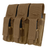 The Condor Triple AK Kangaroo Mag Pouch in tan securely holds three black magazines, each compartment featuring a flap and Velcro closure—ideal for law enforcement or EDC.