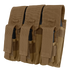 The Condor Triple AK Kangaroo Mag Pouch in tan securely holds three black magazines, each compartment featuring a flap and Velcro closure—ideal for law enforcement or EDC.