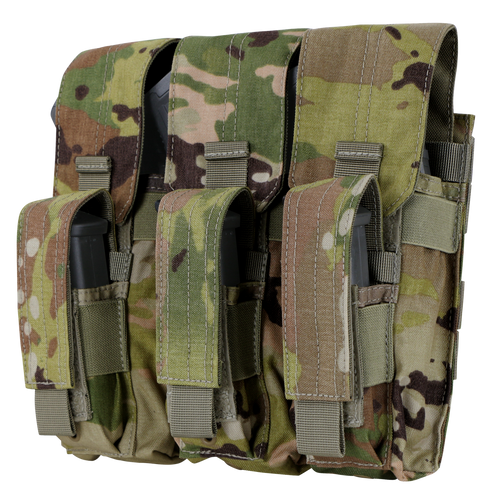 The Condor Triple AK Kangaroo Mag Pouch in Scorpion OCP holds three magazines, each secured in its own compartment with flap and Velcro closures.