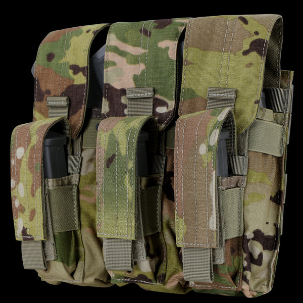 The Condor Triple AK Kangaroo Mag Pouch in Scorpion OCP holds three magazines, each secured in its own compartment with flap and Velcro closures.