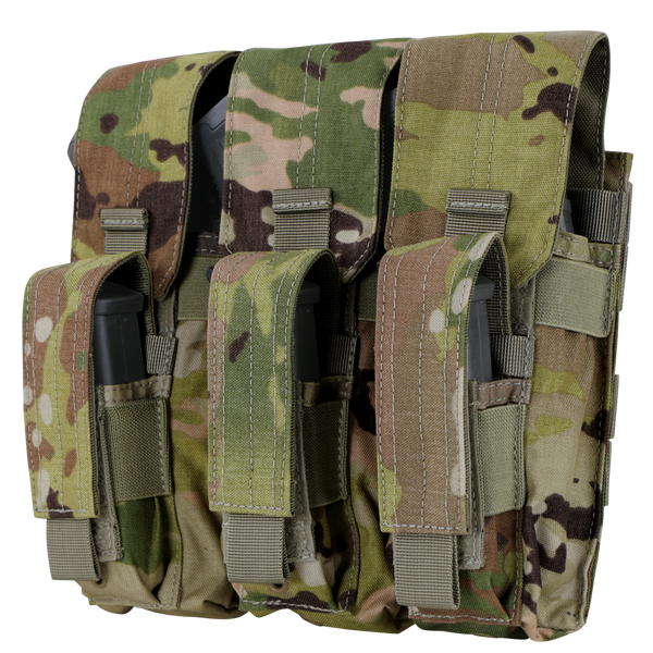 The Condor Triple AK Kangaroo Mag Pouch in Scorpion OCP holds three magazines, each secured in its own compartment with flap and Velcro closures.