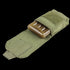 The Condor Tech Sheath is a green tactical pouch ideal for military or bushcraft, shown with its flap open to reveal a brown plastic container inside, all displayed on a white background.
